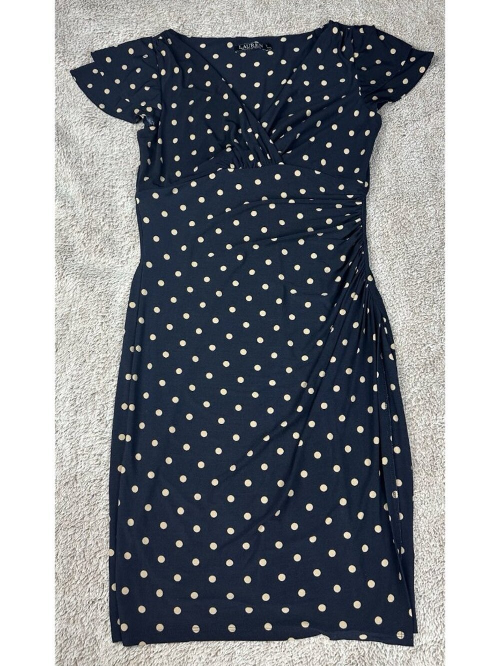 Lauren Ralph Faux Wrap Dress Size 8 Navy Blue & Tan Polka Dot Flutter Sleeves - Picture 4 of 11